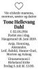 Dødsannonse Tone Hellevang Dahl
